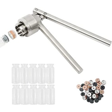 HighFree 20 mm Vial Crimper Manual Sealer Hand Sealing Machine with 10 Set of 10ml Vials  Stopper  Caps Hand held Capping Machine Bottle Capper Machine
