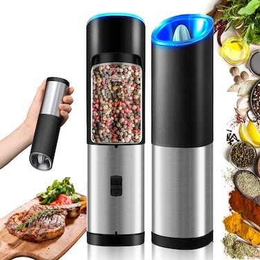Rocyis Electric Salt and Pepper GrinderGravity Automatic Spice Mill SetBattery Powered wLED Light Adjustable Coarseness One Hand Operated Smart Kitchen Gadgets Stainless Steel 2 Pack