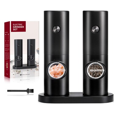 Simple Deluxe Electric Salt and Pepper Grinder Set 2 Pack One Hand Adjustable Coarseness Battery Powered with Stand Seasoning Tools for Kitchen BBQ