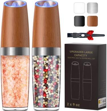FORLIM Upgraded 9 Oz Capacity Gravity Electric Salt and Pepper Grinder Set Battery Powered One Hand Operation Refillable Automatic Pepper Grinder Adjustable CoarsenessWood grain
