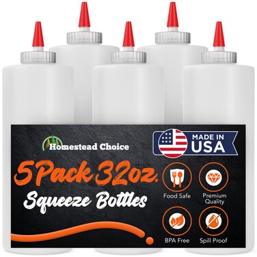 5pack Plastic Squeeze Bottles for Sauces  32 OZ Condiment Squeeze Bottles for Liquids  Made in USA  BPA Free Squirt Bottles with Cap  Ketchup Syrup Oil Dressings Honey  Arts and Crafts