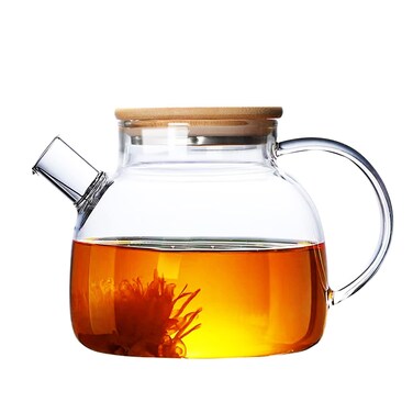 JOUALY Glass Teapot Stovetop  Microwave Safe Glass Borosilicate Teapot Glass Teapot with Strainer Glass Pot with Wooden Lid Loose Leaf and Fruit Tea and Fragrant Tea 34oz1000ml Wooden Lid