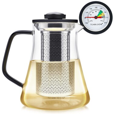 Teabloom 2in1 Tea Kettle and Tea Steeper  Glass Teapot with Thermometer and Stainless Steel Loose leaf Tea Infuser No Whistle Kettles Virtuoso 34Ounce Tea Maker