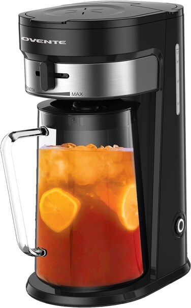 OVENTE 3Quart Iced Tea and Coffee Maker with Strength Selector  Infuser Chamber  Perfect for Iced Coffee Latte Tea Lemonade Flavored Water Black CMT215B
