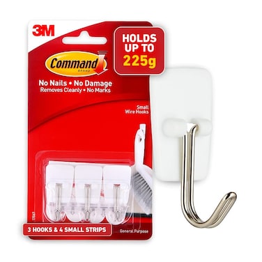 Command 3M  Small Wire Wall Hooks Up to 225gms Holds Strongly Reusable Adhesive hooks for wall Multisurface damage free hooks for hanging White 3hooks 4 strips
