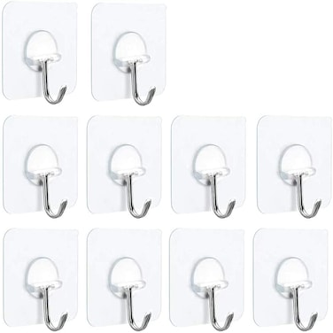 Fotosnow Adhesive Hooks Heavy Duty Wall Hooks 15lbsMax Reusable Seamless Transparent Shower Hooks Stick on Hooks for Hanging Bathroom Kitchen Outdoors 10 Pack