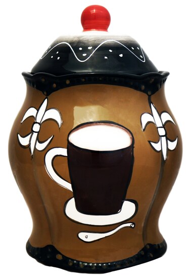 Cookie Jar  Tuscany Hand Painted Fleur De Lis Coffee Design Cookie Jar 85176 by ACK