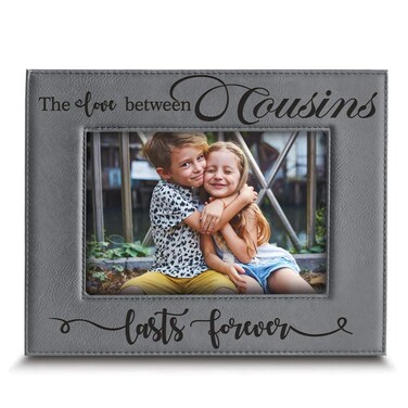 BELLA BUSTA CousinsThe Love Between Cousins Lasts Forever_Birthday for Cousin Engraved Leather Picture Frame 5 x 7 Horizontal Grey