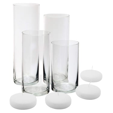 Royal Imports Glass Cylinder Vases  Set of 4  Including 4 Floating DISC Candles Decorative Centerpieces for Home or Wedding by