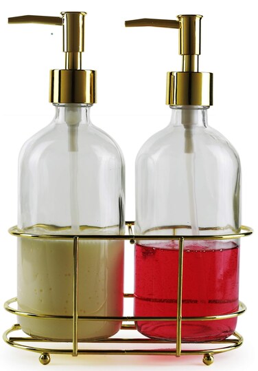 Circleware Duo Dispenser Accent Bottle Pumps in Metal Caddy Set of 2 Bathroom Accessories Home Decor for Essential Oils Lotions Liquid Soaps 16 oz Clear