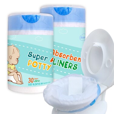 sundee Disposable Potty Chair Liners with Drawstring for Universal Potty Training Toilet Seat Toddler Portable Outdoors Travel Toilet Liners with Super Absorbent Pad  60 Pack