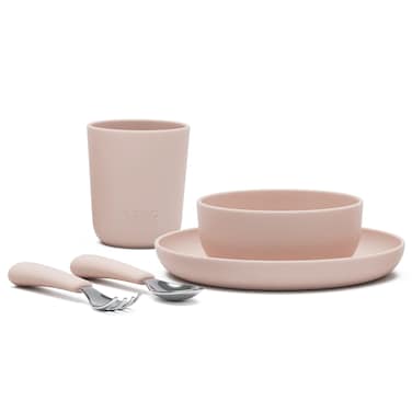 Lalo Big Bites Kids Dinnerware Starter Set  Dishwasher Safe BPA Free Kids Tableware Set  Includes Stackable Bowl Plate Utensils  Cup  5 Pieces  Grapefruit