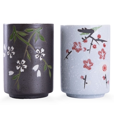 WHJY 10oz Transitional ChineseJapanese style Handleless Ceramic Tea cups teacup Flora Pattern Set of 2
