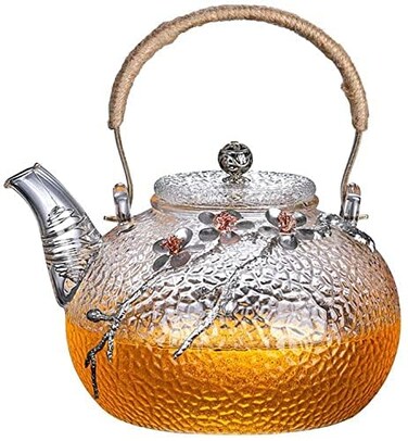 Zen Life Japanese hammered glass exquisite 900ml tea pot with tin and copper plum blossom decoration