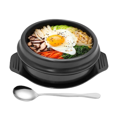 laffoonparts Korean Cooking Stone Pot Set Premium Ceramic D 63 Stone Bowl Sizzling for Bibimbap and Soup Korean Bibimbap Pot wTray  Stainless Steel Spoon No Lid