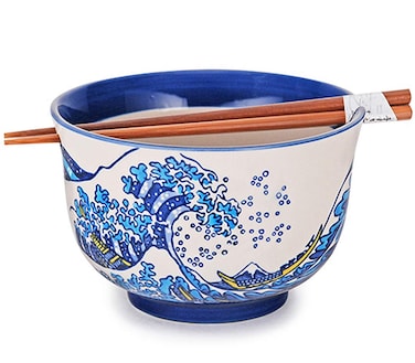 Happy Sales Multi Purpose 625D Large Ramen Udon Soba Pho Noodle Donburi Rice Tayo Bowl with Chopsticks BlueWave