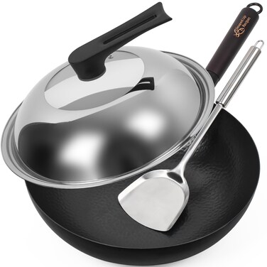 Souped Up Recipes Carbon Steel Wok for Electric Induction and Gas Stoves Lid Spatula and User Guide Video Included Wok Set with Stainless Steel  Glass Lid