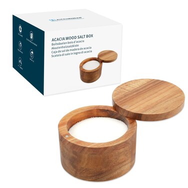 KITCHENDAO Acacia Wood Salt Cellar Bowl Box Elegant Kitchen Salt Container Holder with Swivel Magnetic Lid to Store Pepper Spice Bath Salt Sea Salt Herbs or Favorite Seasonings 6oz