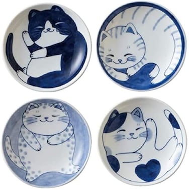 Mino Ware Japanese Small Plate Set Ceramic Cute Cats Design Appetizer Dessert Sushi Sauce 394 x 08 Inches Set of 4
