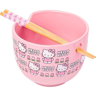 Silver Buffalo Hello Kitty Face And Standing Logo Pattern 20oz Ceramic Ramen Bowl with Chopsticks