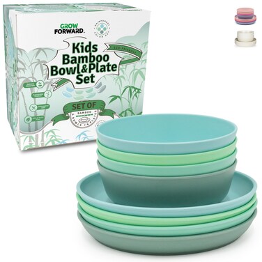 Grow Forward Bamboo Kids Plates and Bowls Set  4 Bamboo Plates for Kids and 4 Bamboo Bowls for Kids  BPA Free  Dishwasher Safe  Eco Friendly and Reusable Childrens Dishes  Rainforest