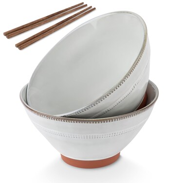 KooK Japanese Ramen Bowls Microwavable Dishwasher Safe Terracotta for Rice Udon Soba Pho 36 oz Cloudy White Set of 2 with 2 Sets of Wooden Chopsticks
