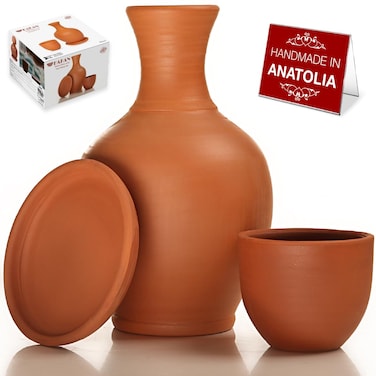 Hakan Clay Water Pitcher with Cup Clay Water Pot for Drinking Terracotta Mud Jugs with Mug Earthen Water Carafe Set Pottery Jar for Drinking Water 74 oz