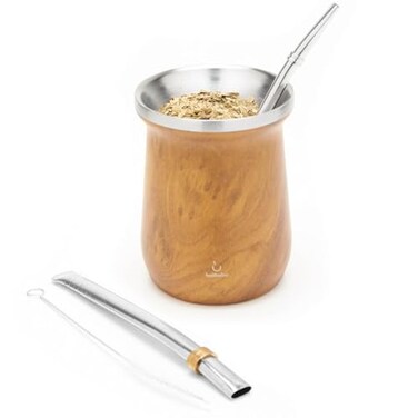 BALIBETOV Yerba Mate Kit  Includes One Yerba Mate Cup and Bombilla Set  Stainless Steel Yerba Mate Gourd and Bombilla Mate  Easy to clean and maintain Wood