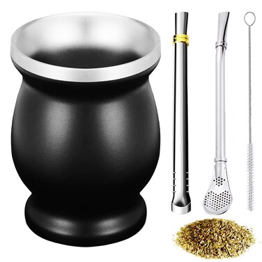 ABMY Yerba Mate Cup and Bombilla Set Gourd Tea Cup Kit with 2 Straws and Cleaning Brush Convenient Travel Stainless Steel Double Walled Anti Scalding Easy to Clean Black A