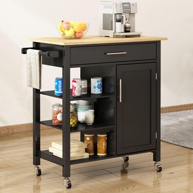 SogesHome 3Tier Kitchen Island Cart Sideboard and Buffet with 2Lockable Wheels Bar Cart with Large Countertop with Towel Holder1Drawer1Door Cabinets Black