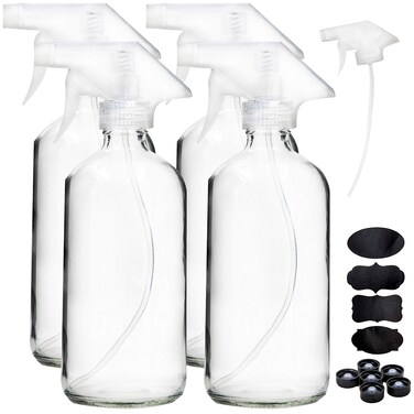 Youngever 4 Pack Empty Glass Spray Bottle 16 Ounce Clear Glass Spray Bottle for Essential Oils with Extra Durable Trigger Sprayers