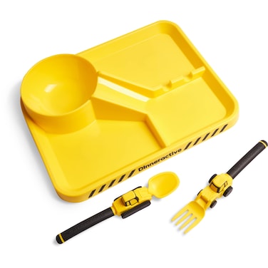 Dinneractive Dining Set For Kids  3 PC Construction Themed Dinnerware  Tractor Utensils  Toddler Plates  Baby Dishes