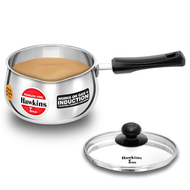 Hawkins 2 Litre Tpan Stainless Steel Tea Pan with Glass Lid Induction Sauce Pan Chai Pan Saucepan Silver SST20G