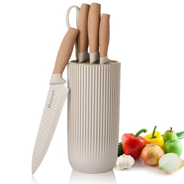 RETROSOHOO Kitchen Knife Set 6Pieces Khaki Sharp Knife Set for Kitchen Nonstick Nonslip Stainless Steel Chef Knife Set with Universal Knife Block Suitable for Home Restaurant Khaki