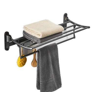 BESy Oil Rubbed Bronze Towel Racks Bathroom Towel Shelf with Foldable Towel Bar Holder and Towel Hooks Wall Mounted Multifunctional Double Towel Bars