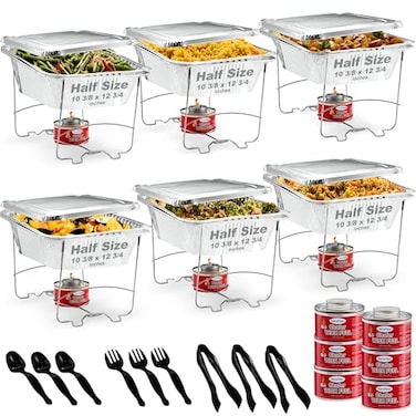 HeroFiber Disposable Chafing Dish Buffet Set Food Warmers for Parties Catering Supplies Buffet Display Complete Premium Set Half Size Single Pan Warming Trays 6 Pack CL6PKMINIDOMA2