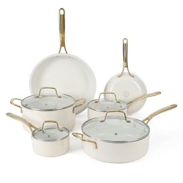 Martha Stewart Lockton Premium Nonstick PFA Free Ceramic Interior 10 Piece Heavy Gauge Enamel Aluminum Pots and Pans Cookware Set  Linen White wGold Handle