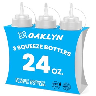 Oaklyn Plastic Condiment Squeeze Bottles with Twist on Cap Lids  Top Liquids Squirt Dispenser  Clear BPA Free Commercial Condiment Set  Bulk 3 Pack 24 Oz Each