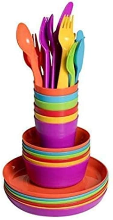 Klickpick Home Kids Colorful Plastic Dinnerware Set 36 Piece Set Includes Plates Bowls Cups Flatware Set Reusable Microwave  Dishwasher Safe BPA Free