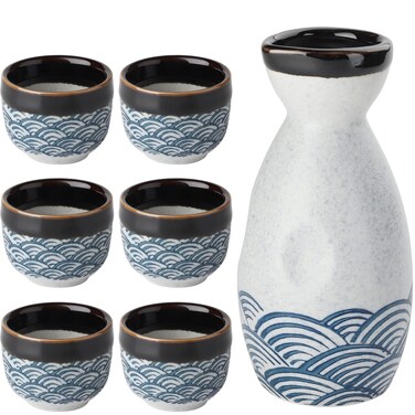 forkmannie Sake Set Ceramic Japanese Sake Set of 7 include 1 Sake bottle 6 Sake Cups for Hot or Cold Sake at Home or Restaurant