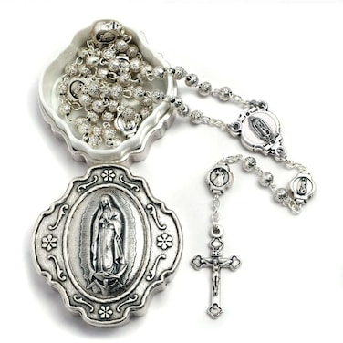 Catholic Rosary Beads with Metal Keepsake Gift Box Set