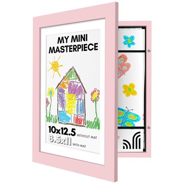 Americanflat 10x125 Kids Art Frame  Front Loading Picture Frame  Use as 85x11 Frame with Mat or 10x125 Frame Without Mat  My Mini Masterpiece  Holds 100 Artworks  Light Pink