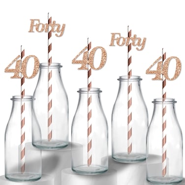 KKAIRA Happy 40th Birthday Straws Rose Gold Glitter 40 Years Old Paper Straws 40th AnniversaryBirthday Party Drinking Decorative Straws  24pcs