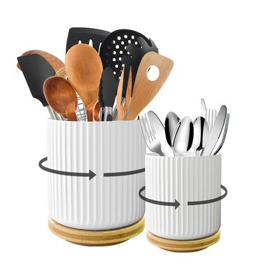 Sameme Utensil Holder 360 Rotating Kitchen Utensil Holder for Countertop6953 Modern Large Spatula Holder Kitchen Utensil Organizer for FarmhouseWhite Ceramic Utensil CrockSet of 2