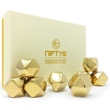 NIFTY5 Whiskey Stones Gold Edition Gift Set of 8 Stainless Steel Diamond Shaped Metal Ice Cubes Reusable Chilling Rocks including Silicone Tip Tongs and Storage Tray