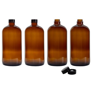 Cornucopia Brands 32Ounce Amber Kombucha Growler Bottles 4Pack 1 Quart Boston Round Glass Bottles w 6 Polycone Phenolic Lids for Home Brewing