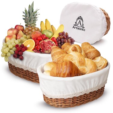 A ARTIZANKA Large Handmade Wicker Bread Basket for Serving Set  12 inch Sourdough Bread and Pastries Basket with Removable Liner and Cover Bread Storage Container and Fruit Basket