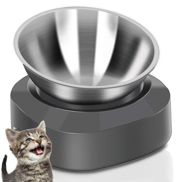 AYADA Raised Cat Food Bowl Stainless Steel Cat Dish for Food Water Anti Vomiting Elevated with Stand Ergonomic Lifted Slanted Tilted 15 Angle Metal Single Kitty Kitten Wet Food Bowl Pet Bowl