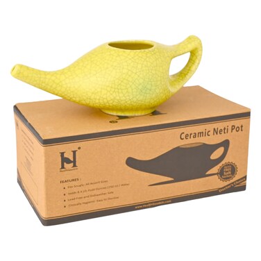 HealthGoodsIn Ceramic Neti Pot for Nasal Cleansing Crackle Pattern  Neti Pot with 10 Sachets of Neti Salt  Instructions Leaflet  Natural Treatment for Sinus Infection and Congestion Yellow