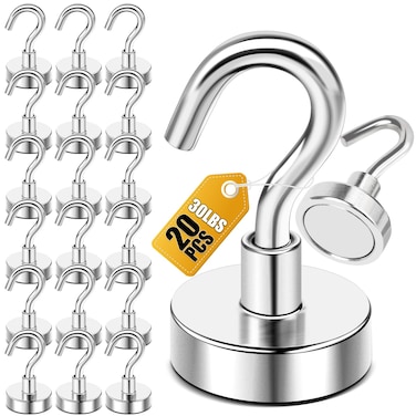 DIYMAG NE1620P Magnetic Hooks 25Lbs Strong Magnet Hooks for Kitchen Home Cruise Workplace Office and Garage Pack of 20